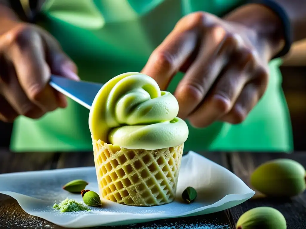 Un maestro heladero esculpiendo un cono de pistacho en una gelatería italiana