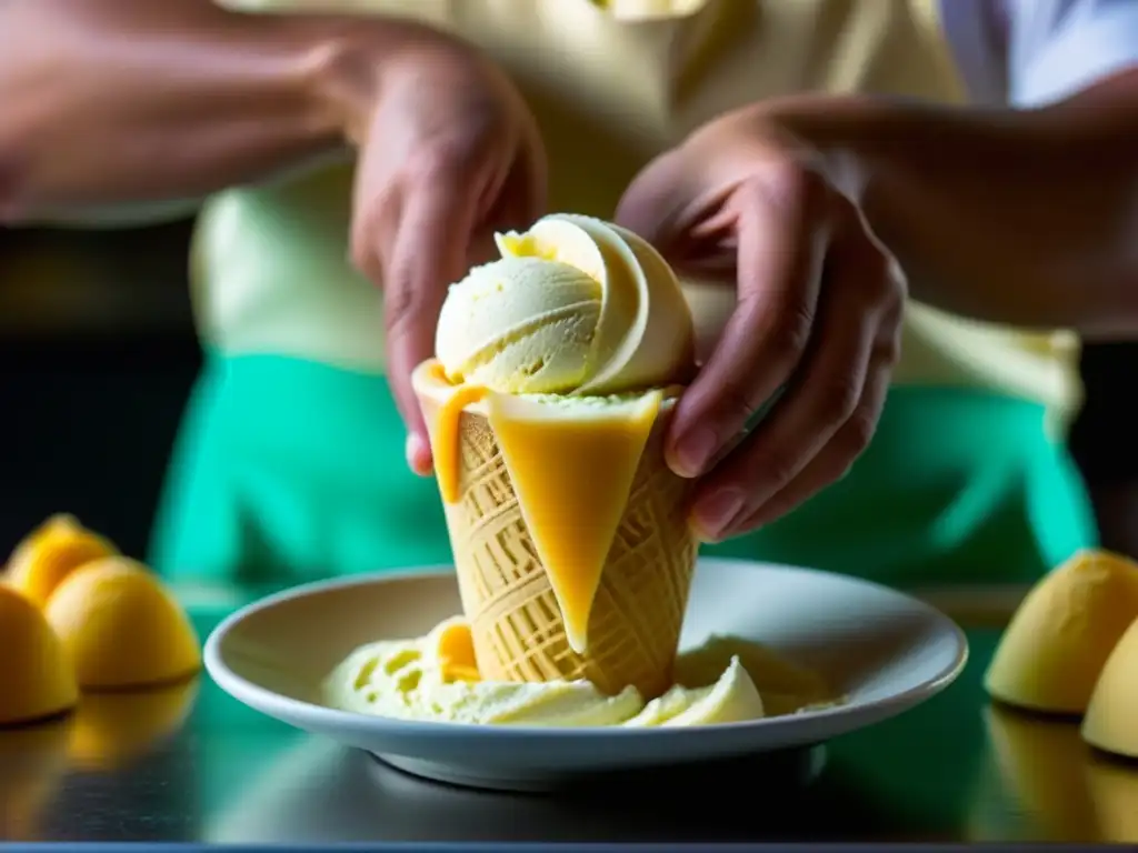 El maestro heladero moldea con destreza una bola de gelato sobre un cono, con sabores vibrantes de fondo