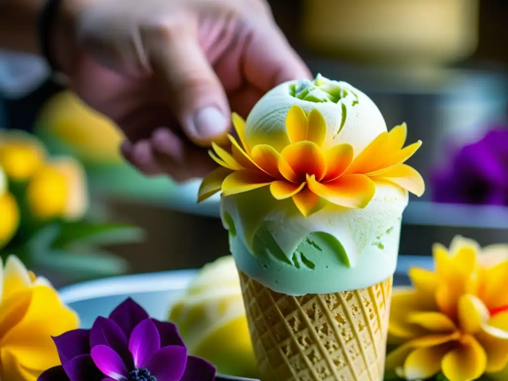 Un maestro heladero creando una hermosa flor de gelato, destaca la artesanía y colores vibrantes