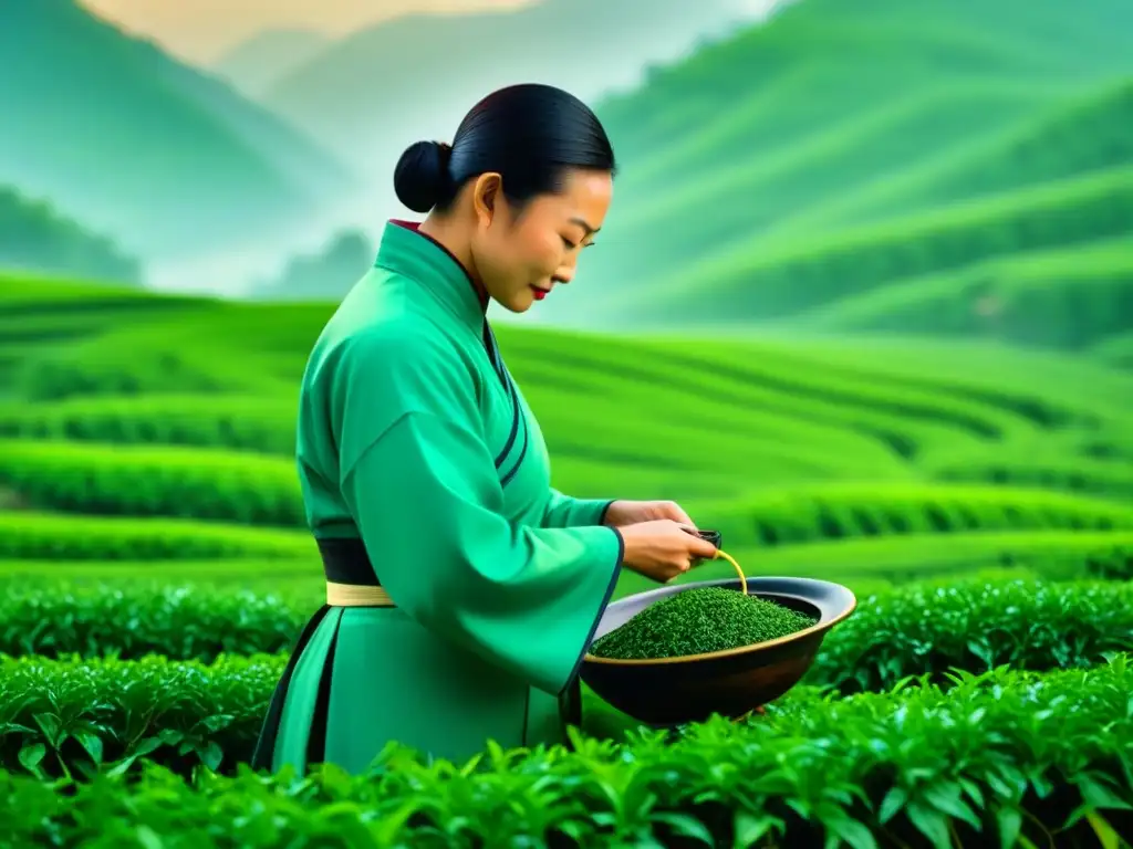 Un maestro del té seleccionando hojas en plantación china en la niebla, reflejando la historia del té en China