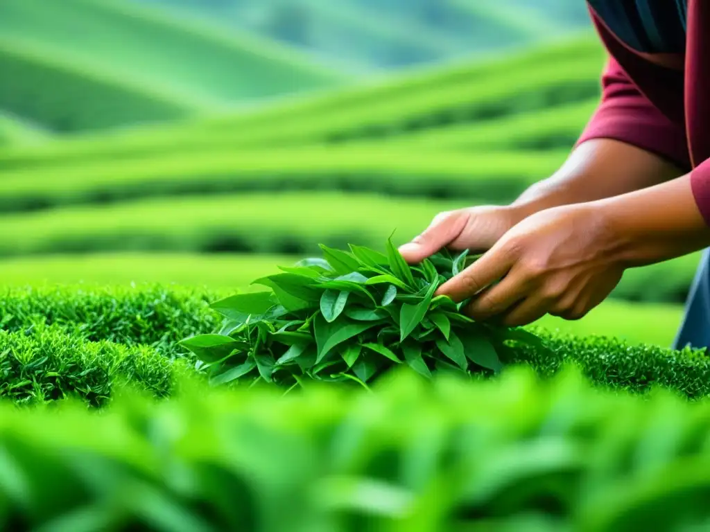 Un maestro del té moldea delicadamente hojas verdes en una plantación, mostrando el origen y diversidad del té