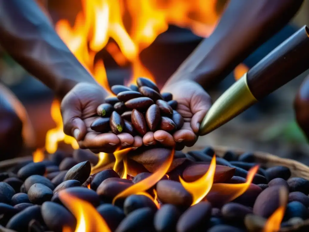 Un maestro isleño tuesta granos de cacao sobre llama abierta, resaltando la importancia cultural del cacao en las Islas Pacífico