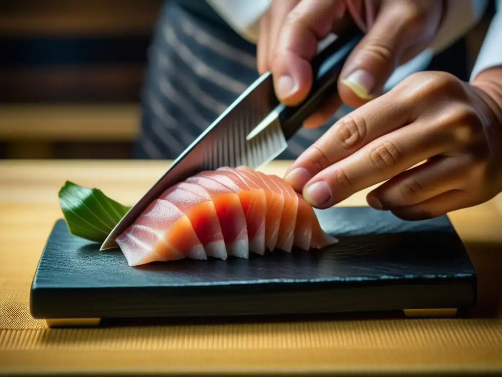 Un maestro japonés de la cocina cortando sashimi con precisión