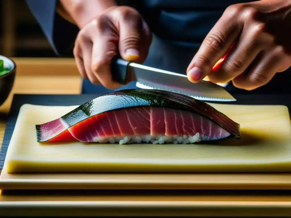 Un maestro japonés corta con precisión un exquisito atún sashimi