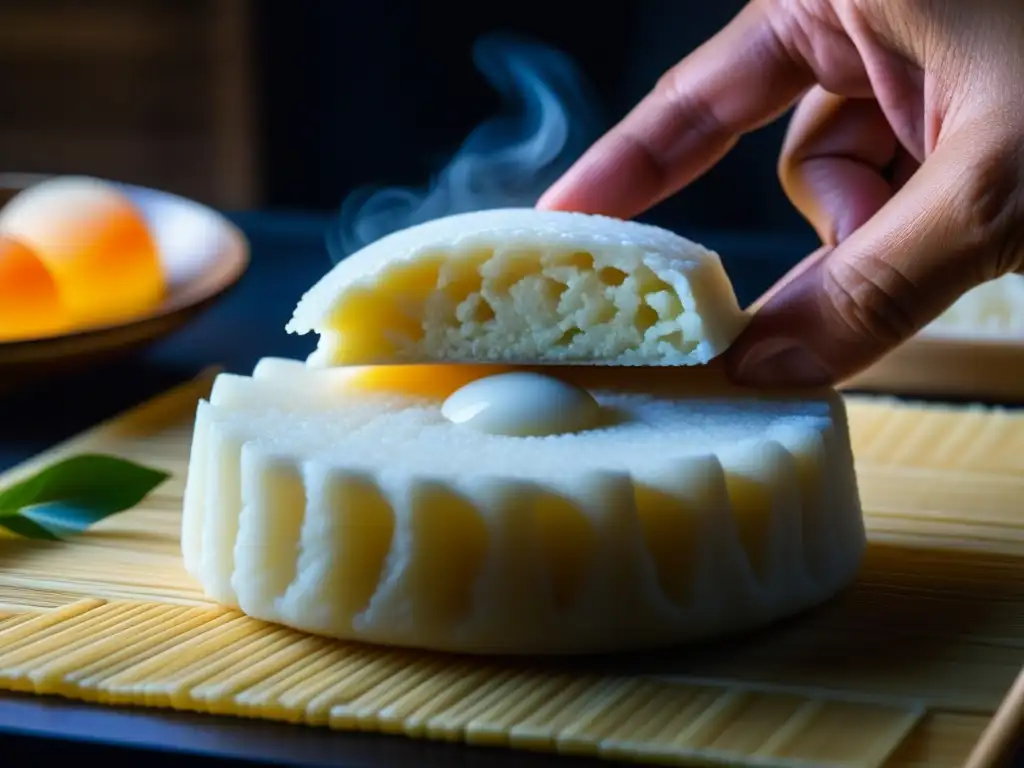 Artesano japonés elaborando mochi con maestría Un maestro japonés moldea mochi con destreza, resaltando la historia y cultura de esta delicia en épocas de globalización