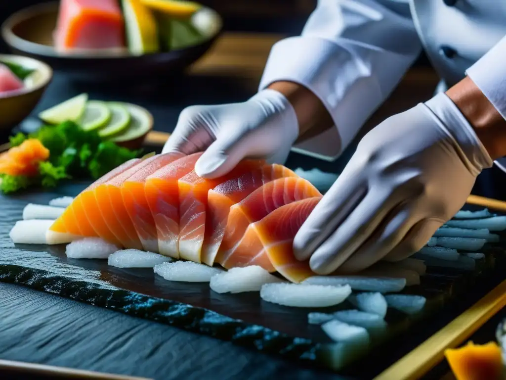 Un maestro japonés de la Era Meiji cortando sashimi con precisión, mostrando la influencia gastronómica de la época