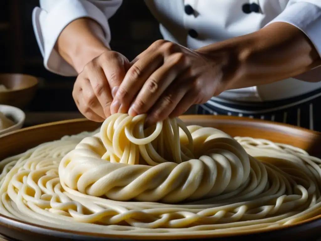 Un maestro japonés amasa hábilmente la masa de udon, mostrando la textura y elasticidad del proceso artesanal