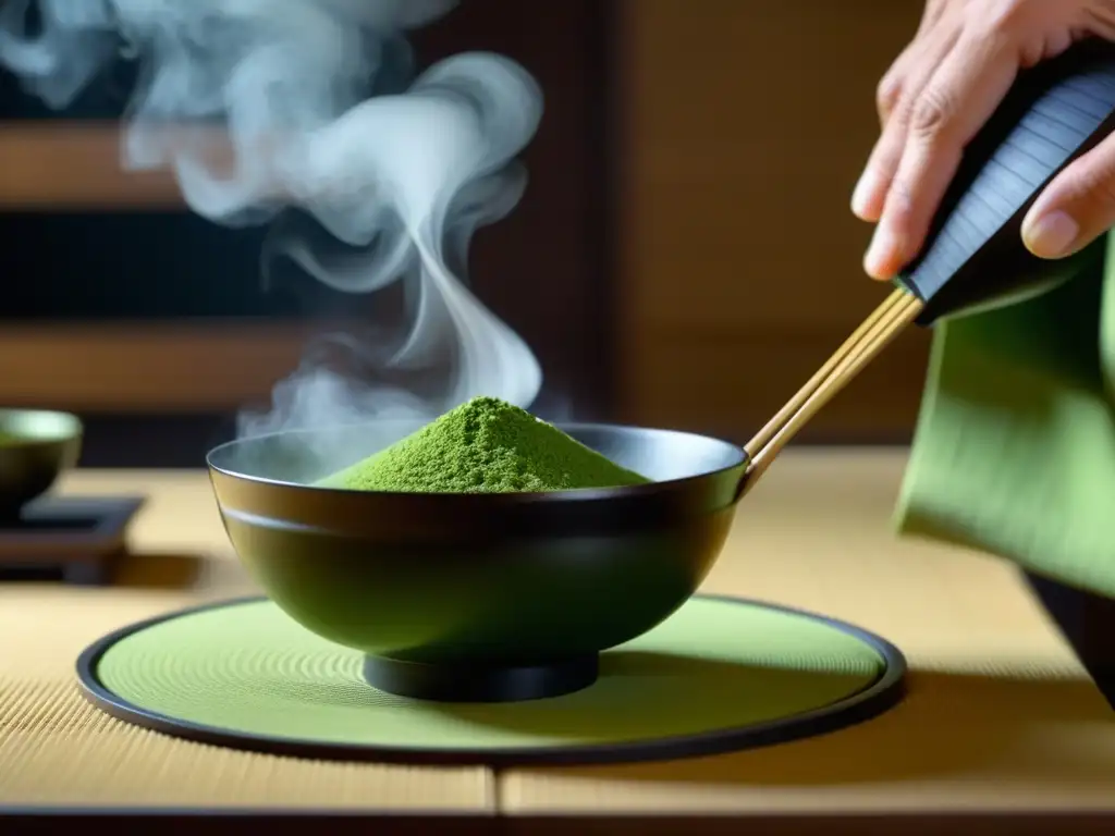 Un maestro de té japonés prepara matcha con precisión, mostrando la armonía de la dieta Zen cocina japonesa