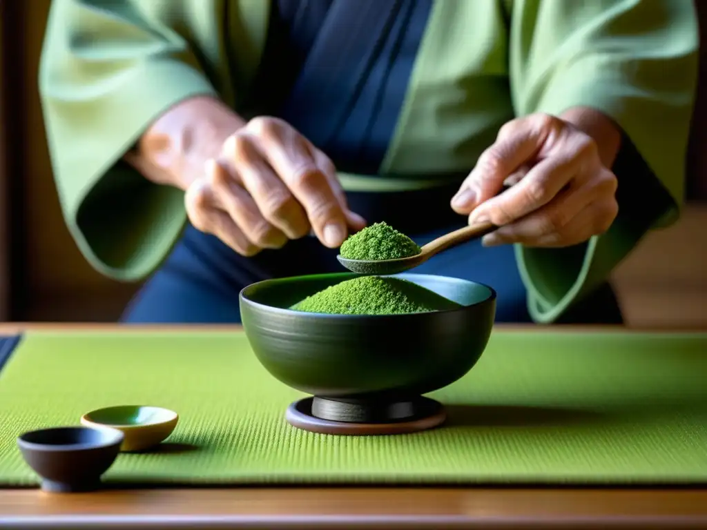 Un maestro japonés de té revuelve matcha en cuenco de cerámica, en una serena sala de tatami, evocando la Ceremonia del té en historia