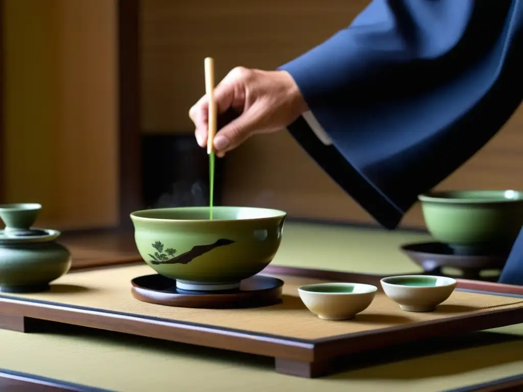 El maestro de té japonés prepara matcha con precisión en una ceremonia tradicional