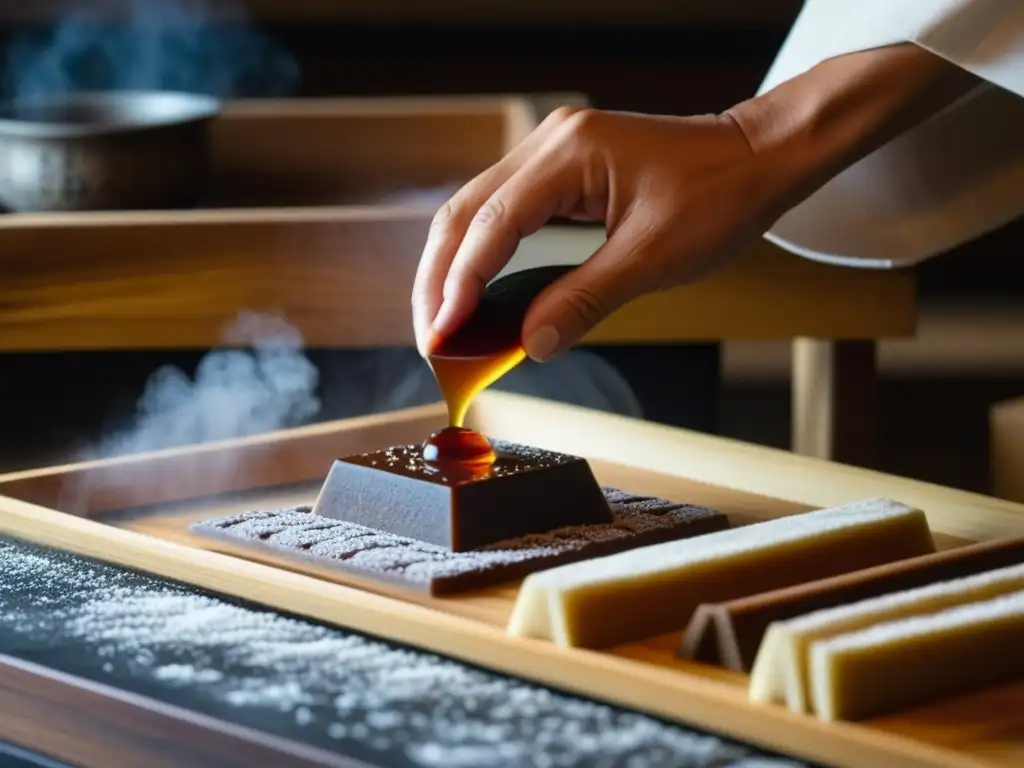 Maestro japonés vierte mezcla caliente de agar agar, azúcar y pasta de frijol rojo en moldes de madera para hacer Yokan