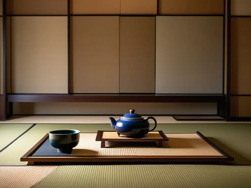 Ceremonia del té japonés: Delicadeza y tradición en un escenario sereno Un maestro del té en kimono realiza una ceremonia japonesa en una sala minimalista con un juego de té de motivos de flores de cerezo