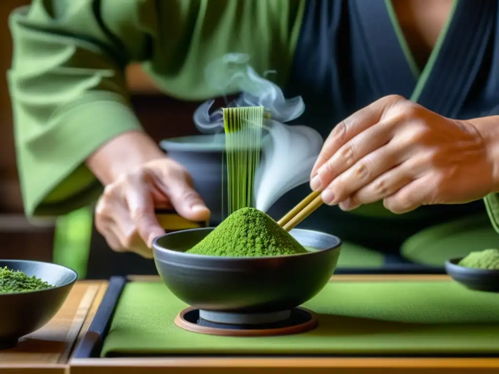 Un maestro de té en Japón prepara con precisión el matcha en una ceremonia tradicional, inmerso en la historia del té en China