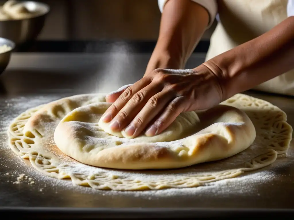 Un maestro panadero moldea con destreza la masa del tradicional pan Naan, resaltando la artesanía y la importancia cultural