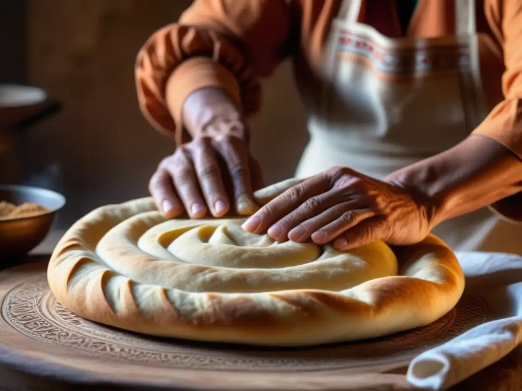 Un maestro panadero magrebí moldea con destreza la masa tradicional, resaltando la historia cultural