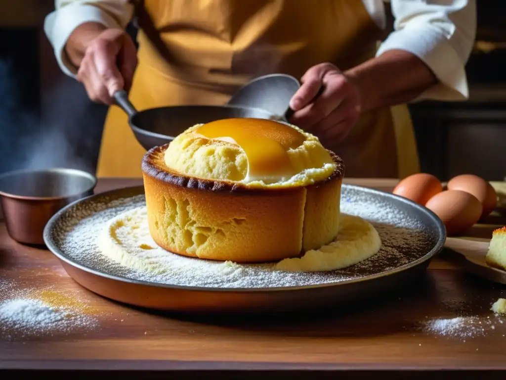 Un maestro panadero vierte mezcla en molde de cobre para crear Pão de Ló en horno de leña