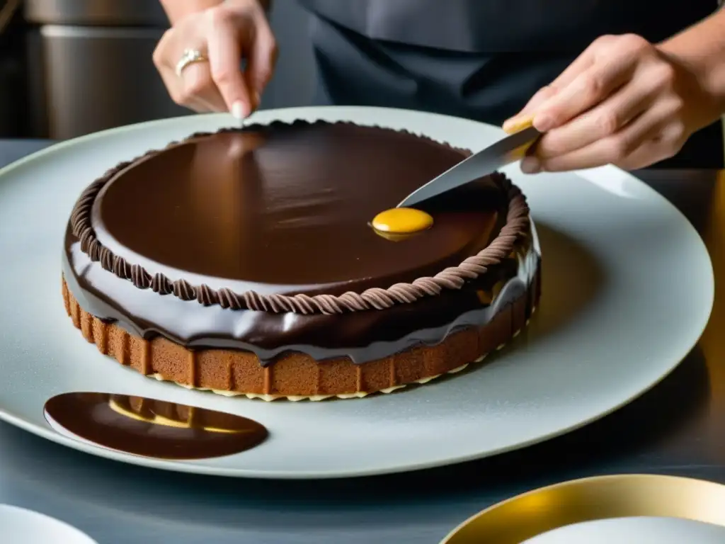 Un maestro pastelero crea una auténtica Sacher Torte en Viena, mostrando su arte con el glaseado de chocolate