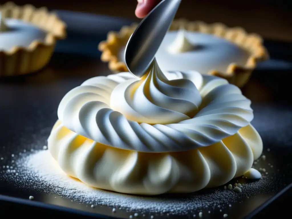 Un maestro pastelero elabora meticulosamente un delicado merengue, destacando la artesanía y precisión