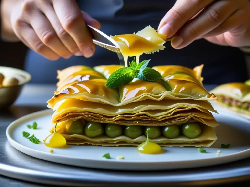 Un maestro pastelero arma con destreza un baklava armenio, histórico postre trascendiendo fronteras