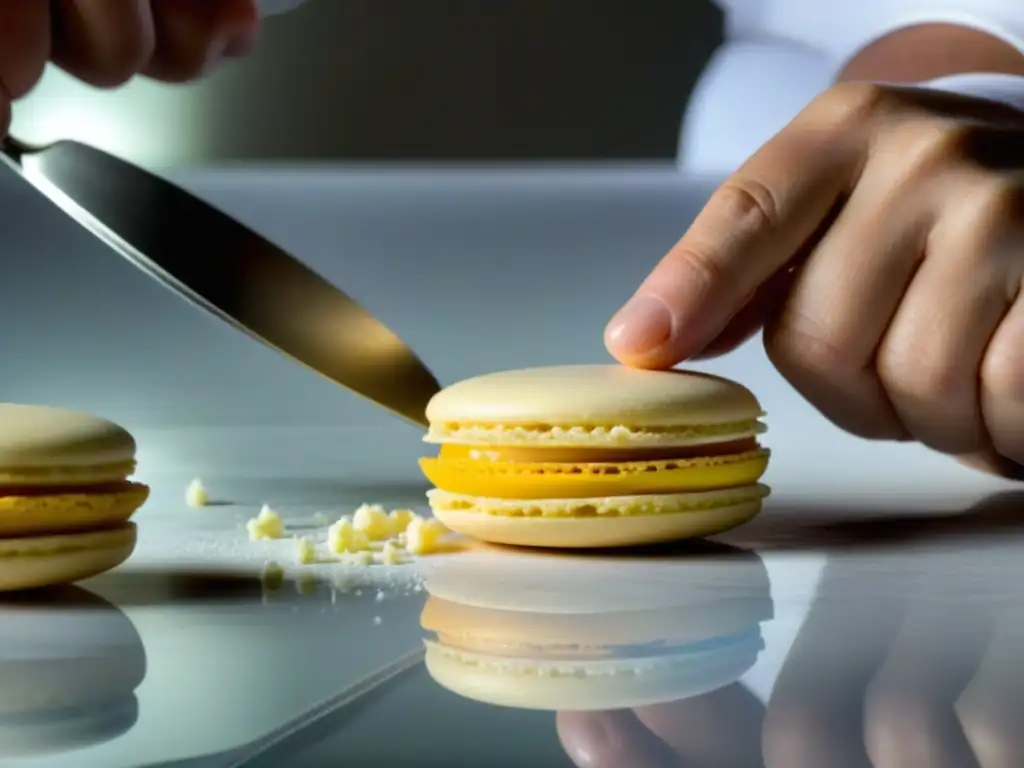 Un maestro pastelero ensambla con destreza un delicado macaron francés, resaltando el impacto cultural del azúcar en postres europeos