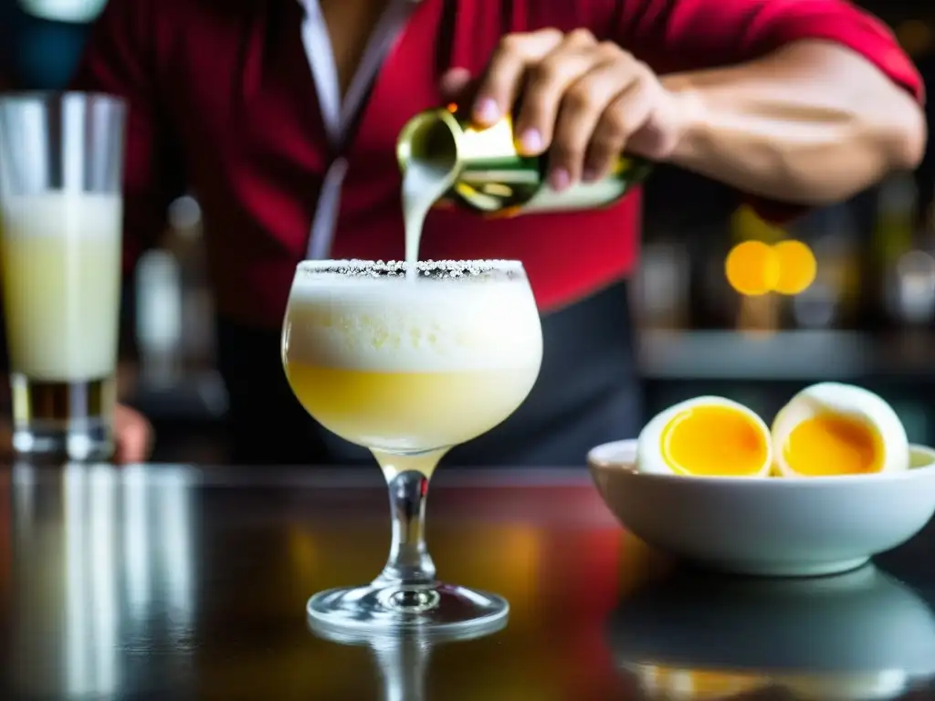 Un maestro bartender peruano vierte con maestría un Pisco Sour, mostrando la historia del Pisco Sour en Perú