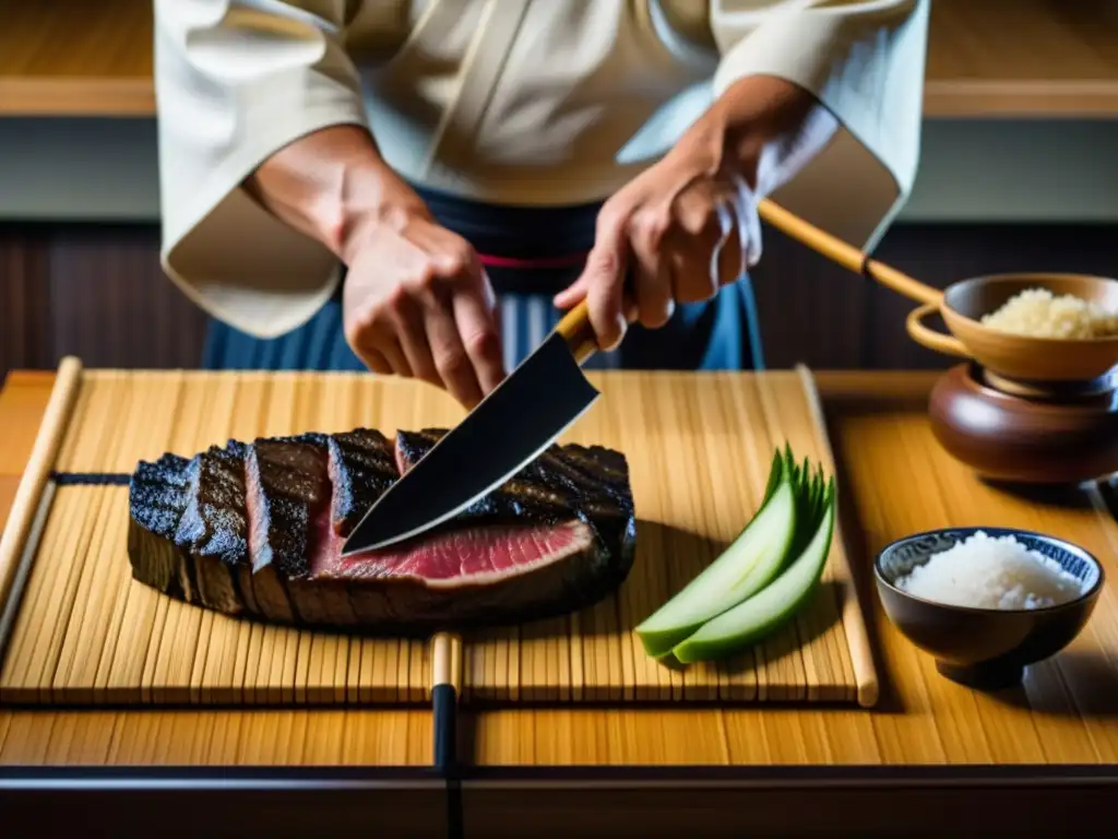 Un maestro chef samurái corta con precisión un filete Wagyu en una cocina tradicional japonesa, evocando recetas históricas