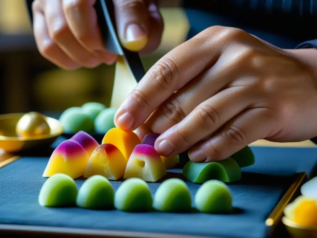 Un maestro repostero crea con destreza wagashi en un close-up detallado, mostrando la artesanía culinaria del Edo