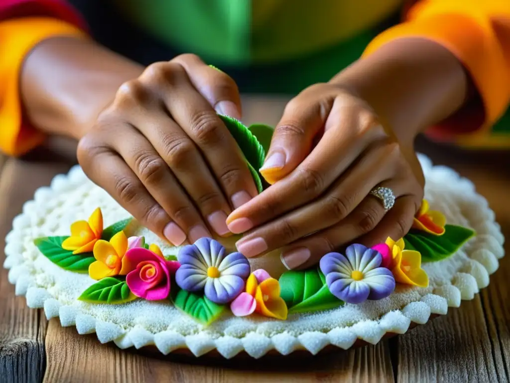 Un maestro repostero hispanoamericano experto moldeando flores de azúcar para un pastel