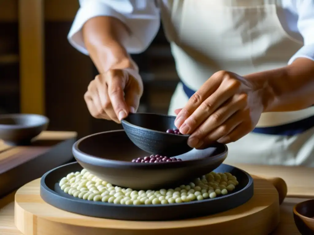 El maestro repostero japonés elabora cuidadosamente anko desde cero en una cocina minimalista y serena