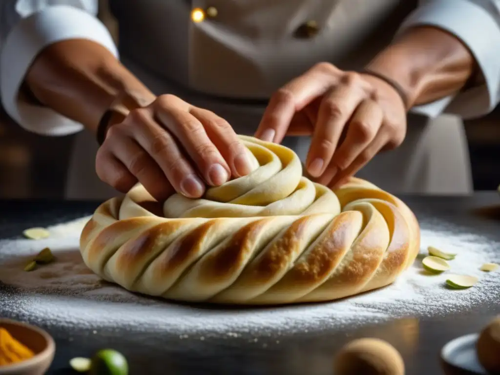 Un maestro repostero marroquí dando forma al M'hancha, un rollo de serpiente con pistachos, almendras, miel y especias