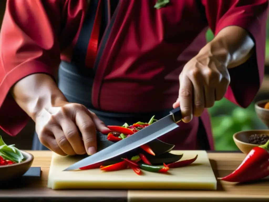 Un maestro samurái cortando chile en una cocina japonesa, resaltando la historia de los ingredientes en la cocina samurái