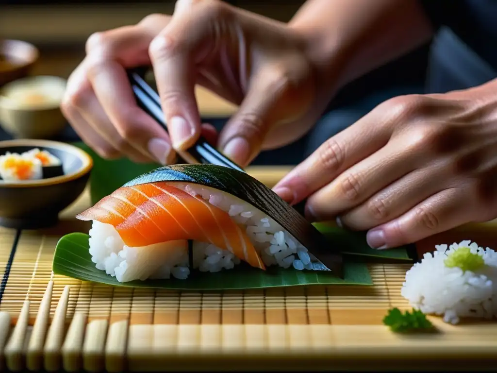 Un maestro sushi crea con destreza un nigiri, destacando la precisión y arte de la tradición culinaria japonesa durante la era Meiji