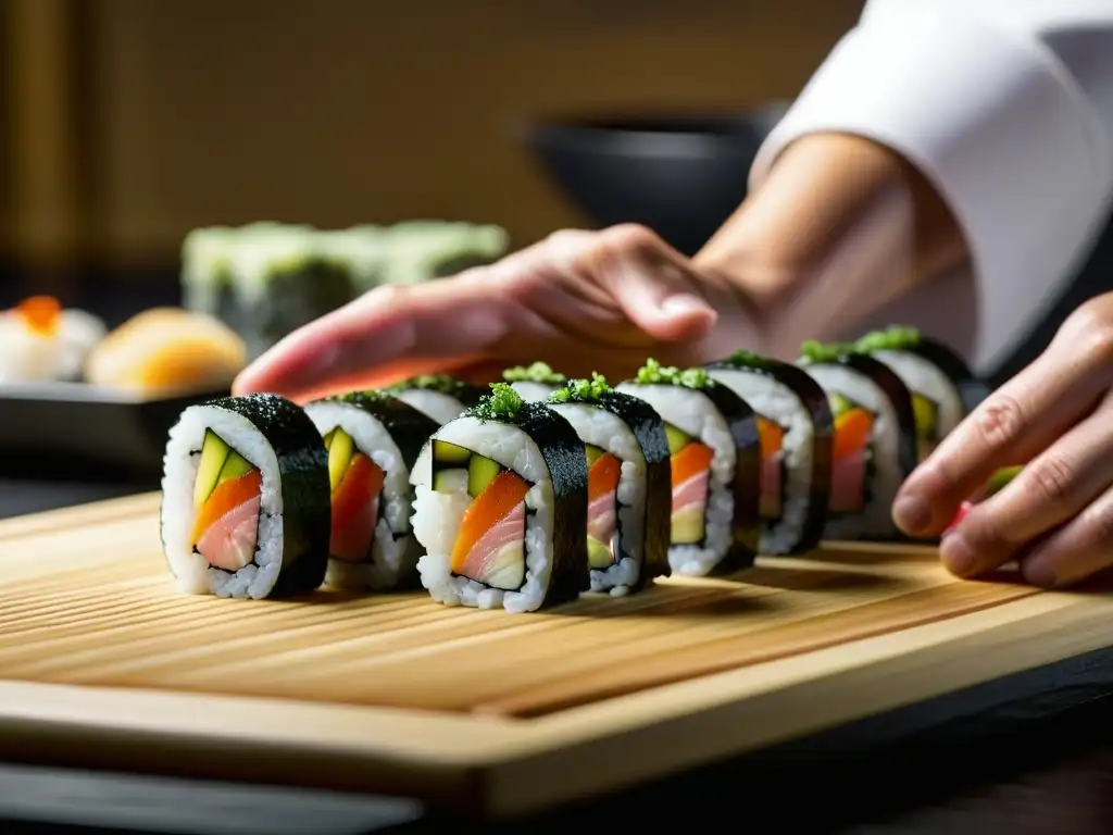 Un maestro del sushi crea con destreza un rollito de sushi, resaltando la artesanía japonesa