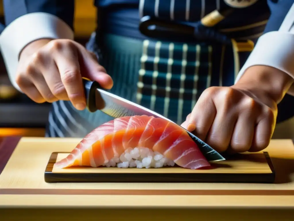 Un maestro sushi japonés corta con precisión un exquisito sashimi