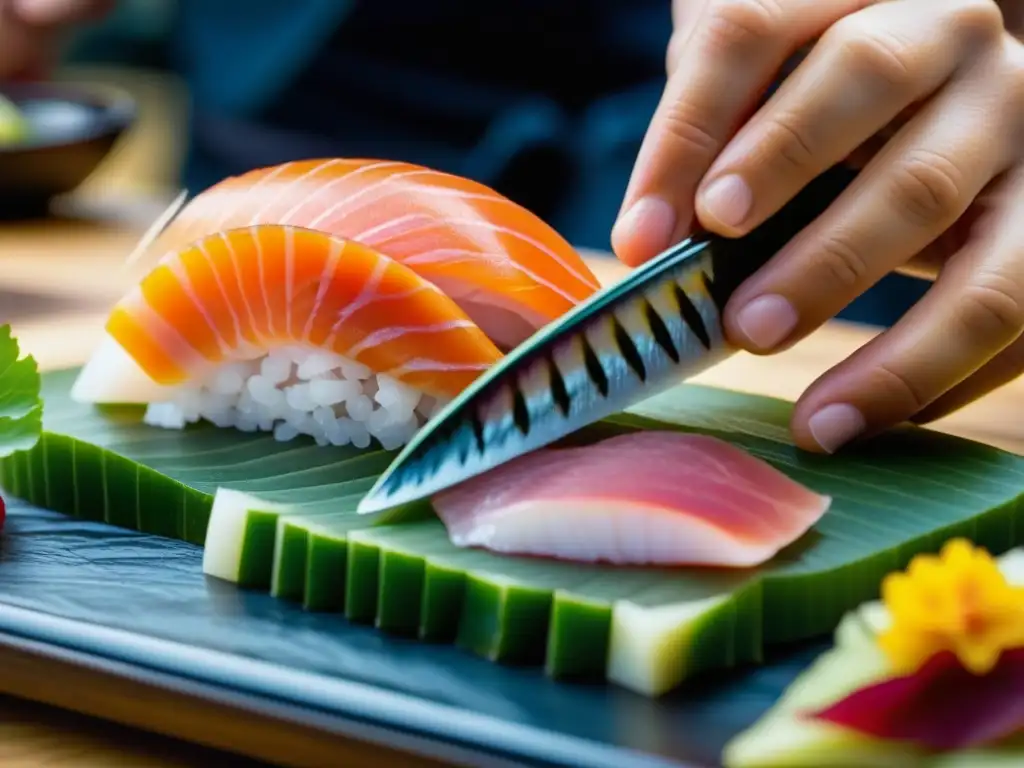 Un maestro de sushi japonés corta con precisión sashimi fresco en un mercado de pescado, mostrando la influencia culinaria asiática en el Pacífico