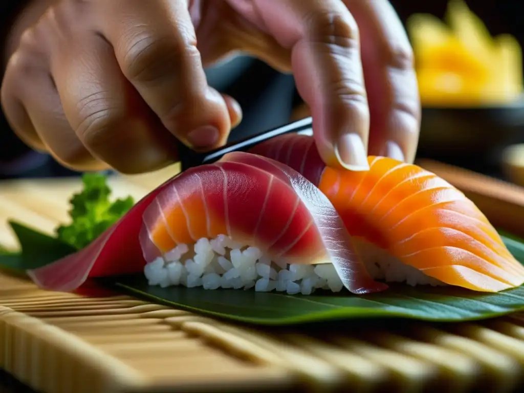 Un maestro sushi japonés en Perú cortando sashimi