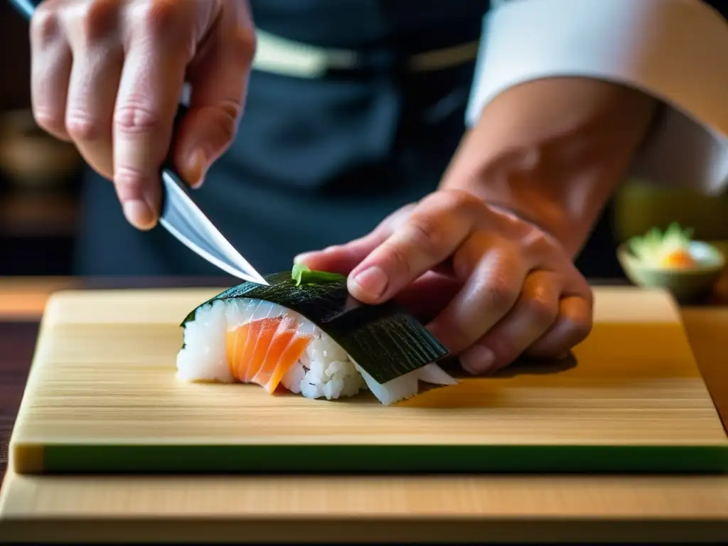 Un maestro sushi crea nigiri con destreza, resaltando la historia y tradiciones de la cocina japonesa