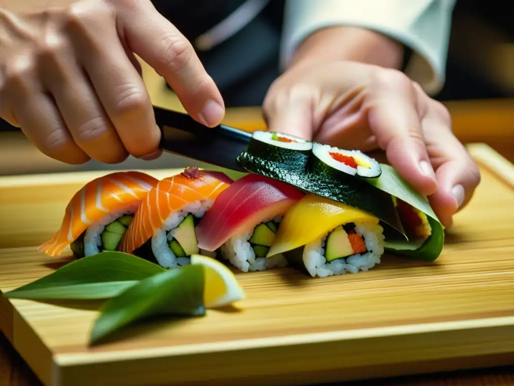 Un maestro sushi preparando un rollo japonés con influencia portuguesa, resaltando los detalles y sabores únicos
