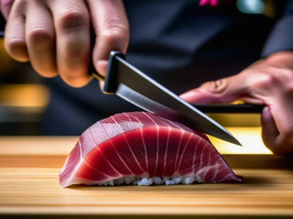 Un maestro sushi cortando toro con precisión, fusionando técnicas tradicionales con la transformación de la cocina japonesa era moderna