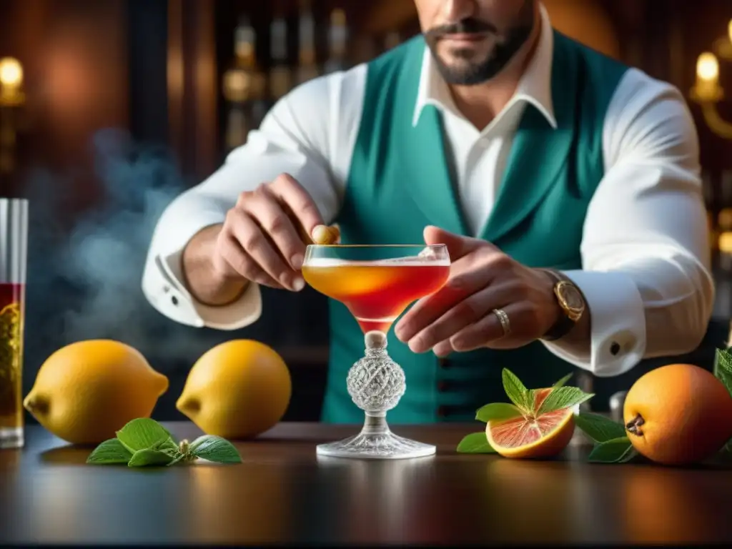 Arte renacentista en coctelería: manos expertas crean cóctel colorido y complejo Un maestro bartender revive técnicas olvidadas en cócteles Renacimiento, creando una obra de arte líquida