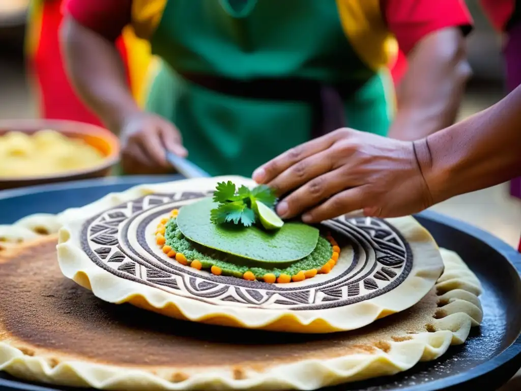 Un maestro preparando un tlacoyo azteca en un comal antiguo, en un mercado vibrante