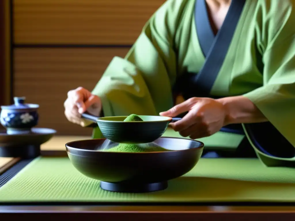 Un maestro de té verde en una ceremonia japonesa, con movimientos delicados y atención meticulosa a los detalles en una habitación serena de tatami