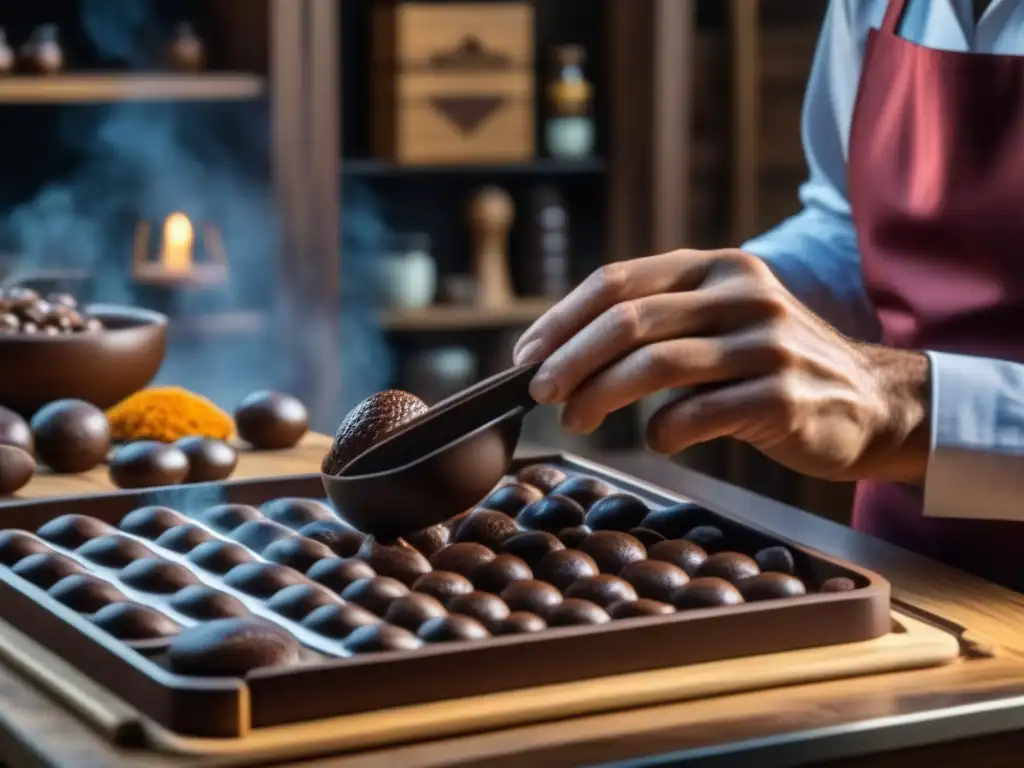 Maestros chocolateros en Bariloche creando con precisión bombones artesanales, evocando la historia chocolates Bariloche inmigración