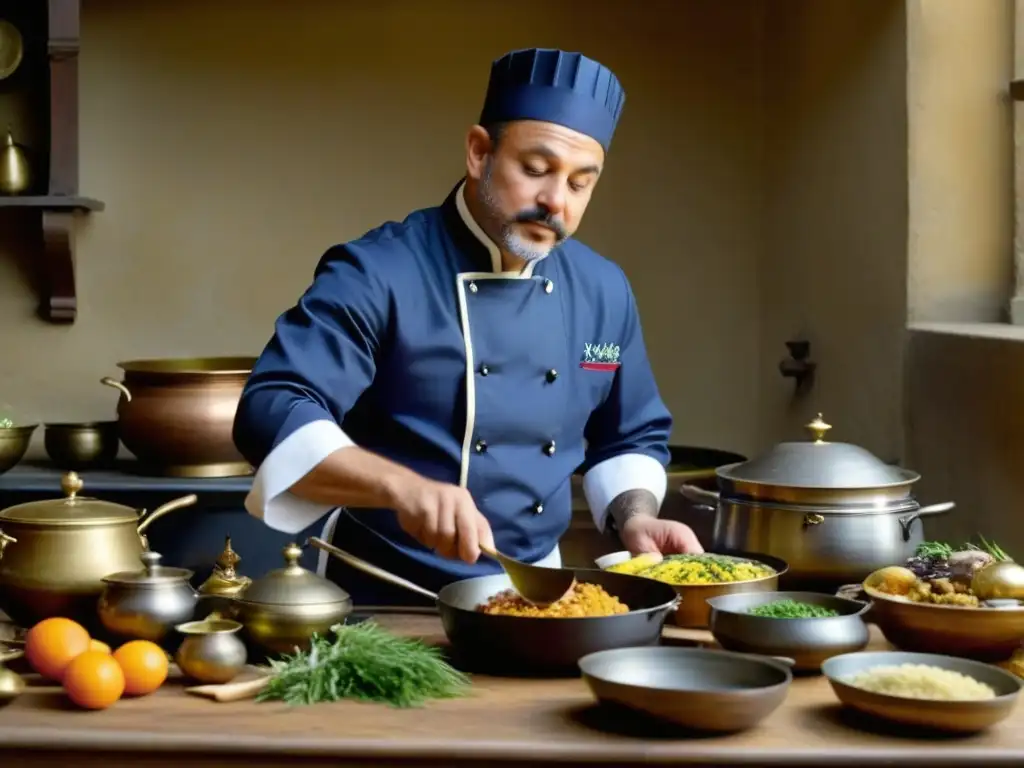 Chef renacentista preparando festín real: arte culinario del siglo XV Experimenta la magia culinaria del Renacimiento Siglo XV con un chef experto en su cocina, preparando recetas históricas