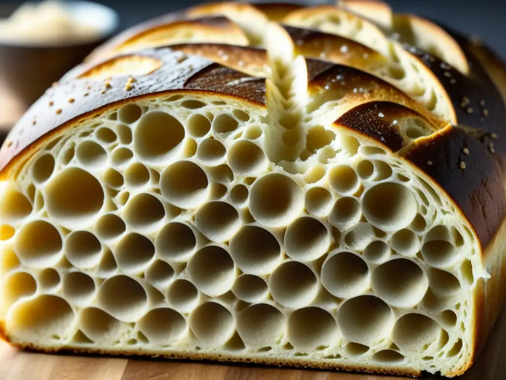 La magia de la fermentación en un pan artesanal: burbujas y textura en la corteza dorada de un pan de masa madre recién horneado