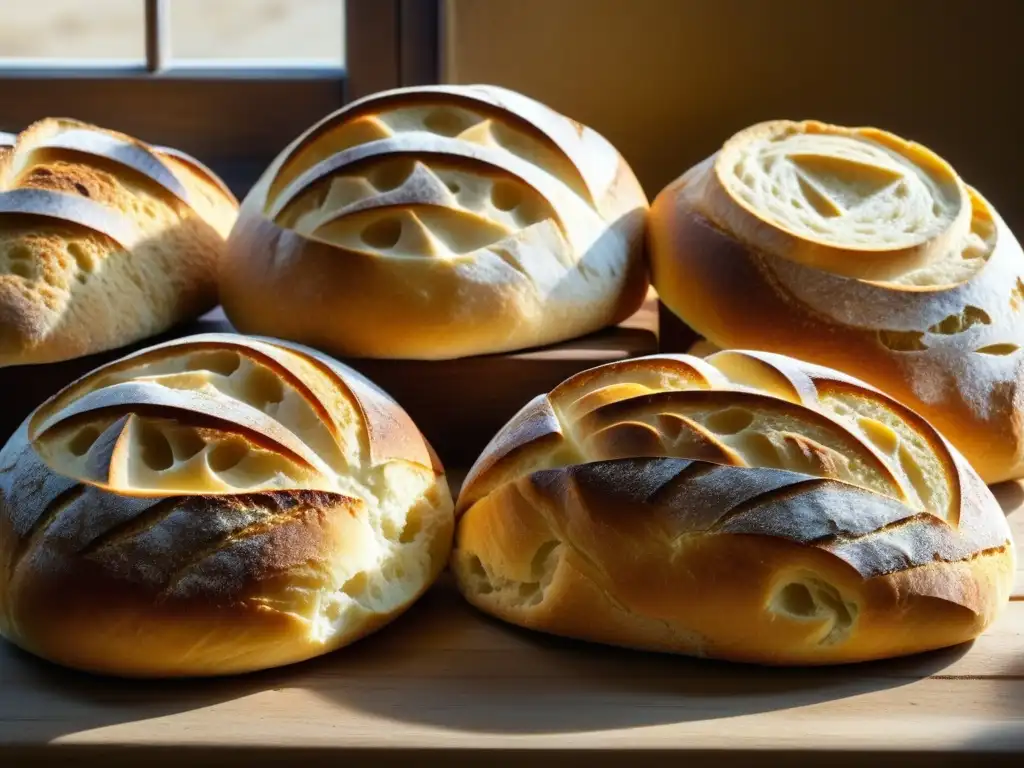 Magia de la fermentación pan artesanal: Detalle de panes de masa madre recién horneados sobre mesa rustica, iluminados por luz cálida