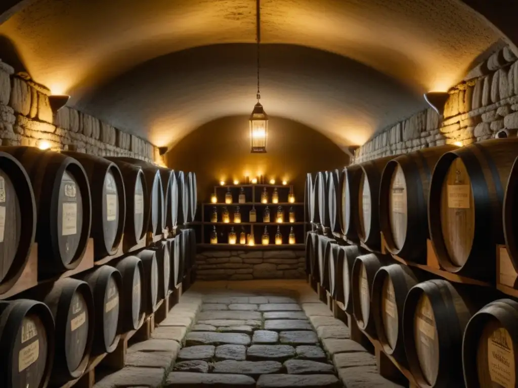 Un rincón mágico de vinos antiguos en una bodega vintage, con barriles polvorientos, velas tenues y objetos centenarios