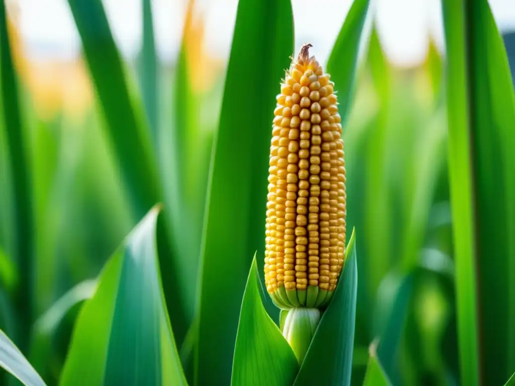 Maíz dorado: belleza natural y cultura indígena Un maíz dorado resalta en un campo verde, reflejando la belleza y origen cultural del maíz en América y Europa
