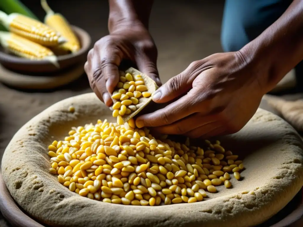 Moliendo maíz dorado a mano en un metate tradicional, resaltando la historia del maíz en Latinoamérica