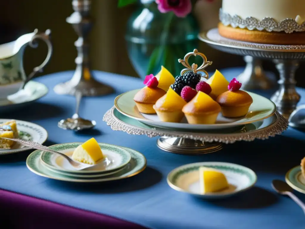 Majestuosa mesa victoriana con exquisita vajilla y pastelería decorada